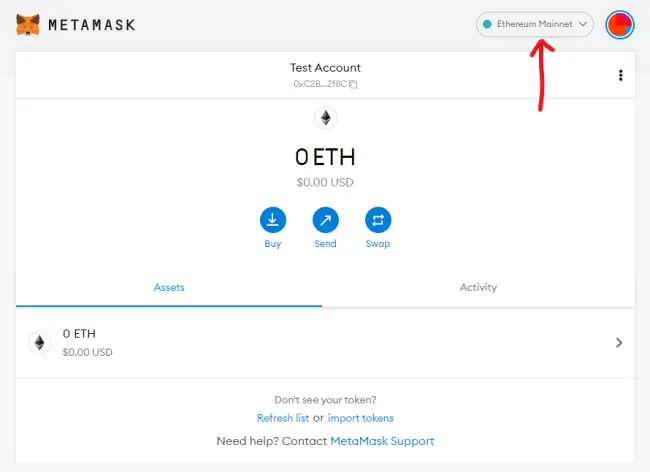 Metamask home screen