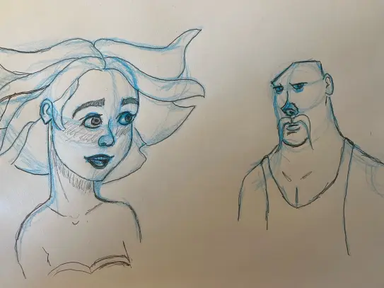 graphite finalized sketches of two characters