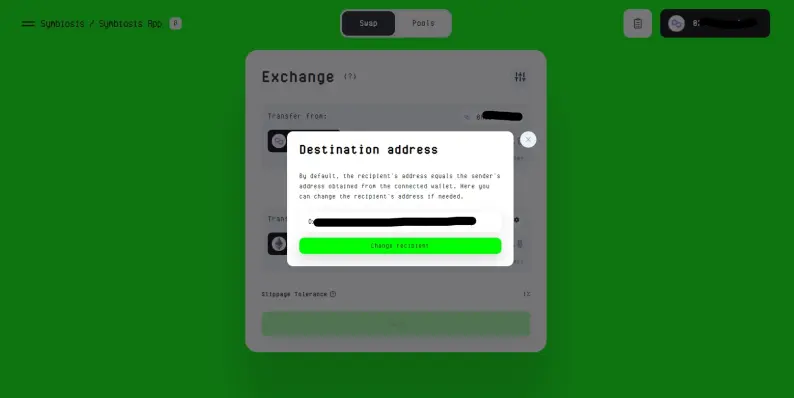Symbiosis Finance change destination address