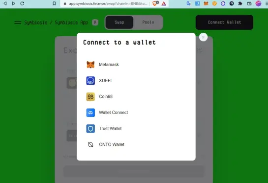 here you can see all the wallets available to connect with symbiosis