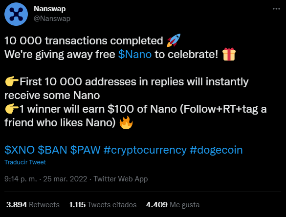 Nanswap Twitter Giveaway tweet
