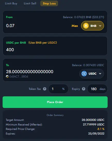 Image showing the Bogged Finance stop-loss interface