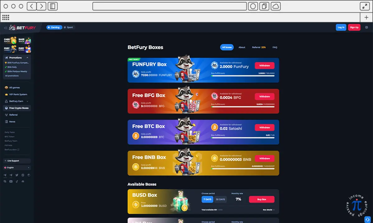 BetFury - Free Boxes view.