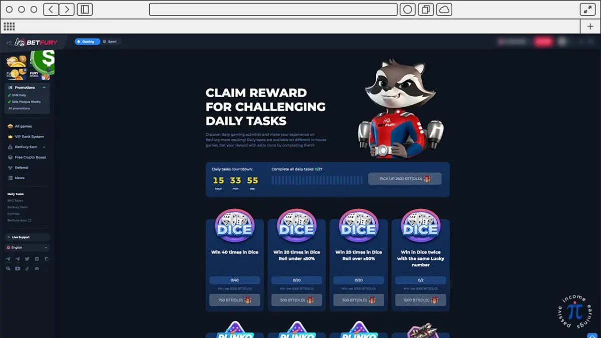 BetFury - Daily Tasks view.