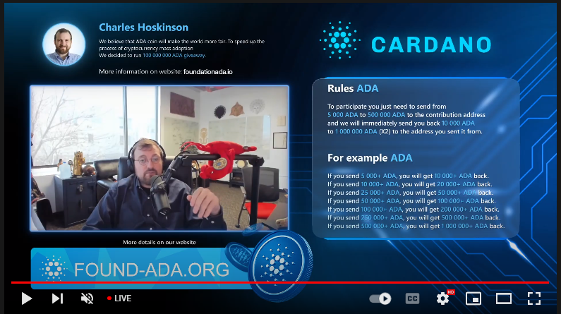YouTube video claiming to give away free Cardano