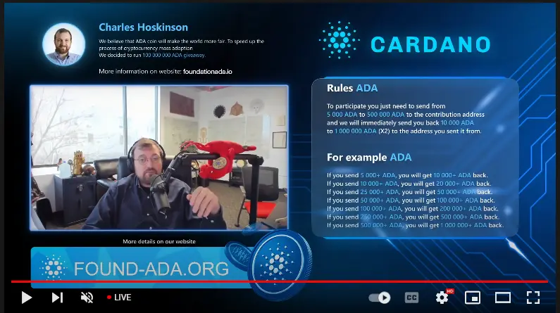 YouTube video claiming to give away free Cardano