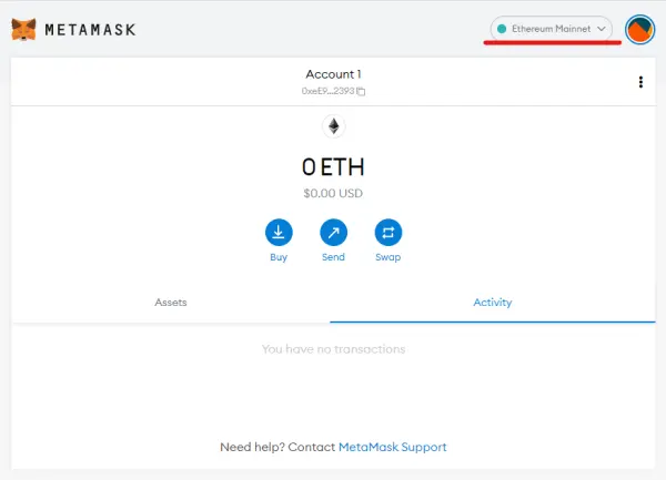 Metamask home screen