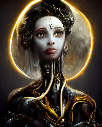 a sad goddess with a long nech