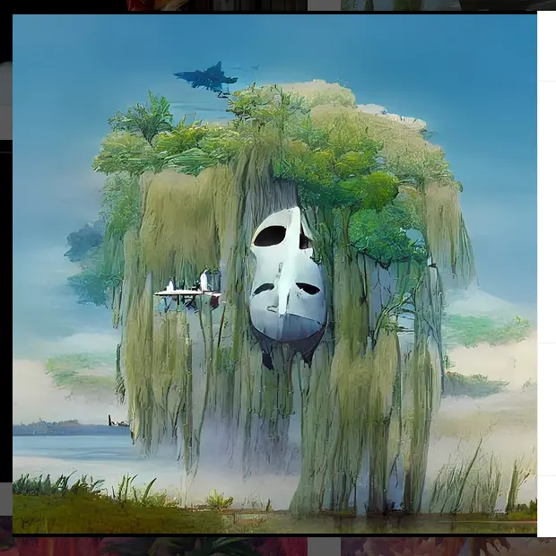 that's to weird to be describe but there's a returned floating head that looks like a floating island on a beautiful day