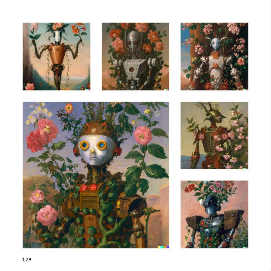 different robots mixed with flowers