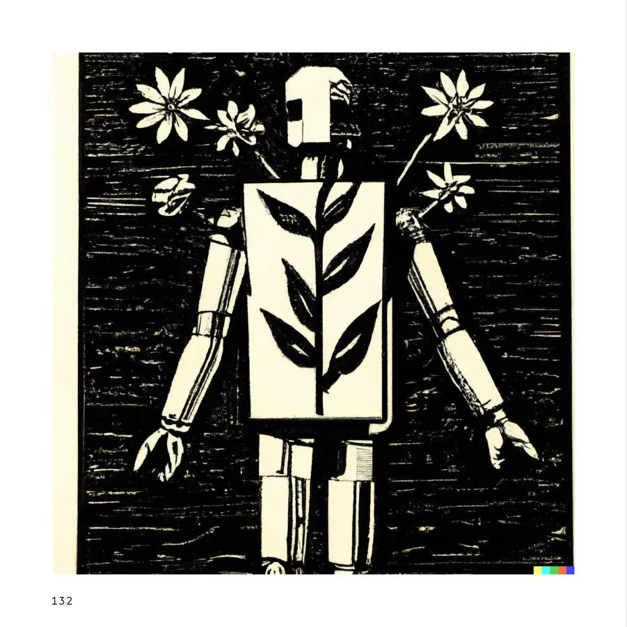 black and white robot mixed with flowers