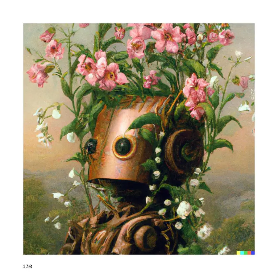portrait of a robot full of flowers