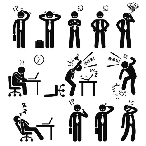 There is a animation of a man breaking his office desk with a basebal bat on the picture.