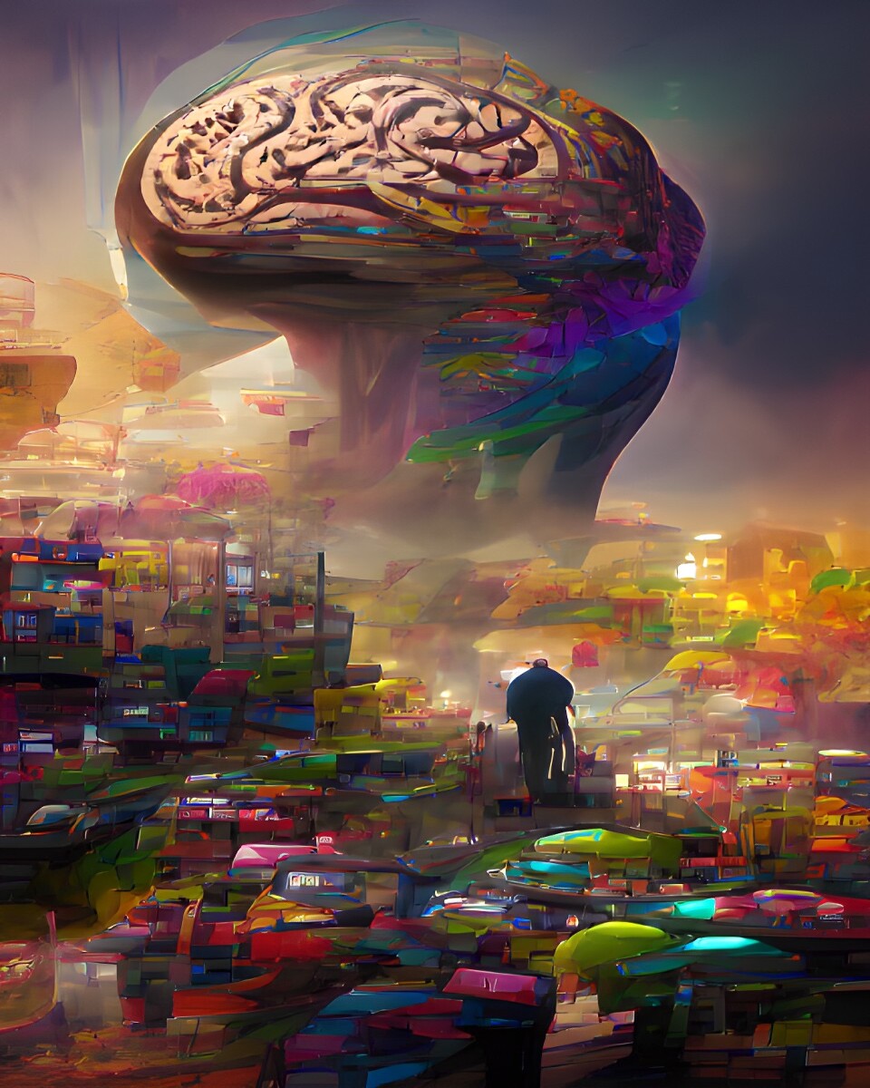 An AI-generated abstract digital artwork showing a human brain