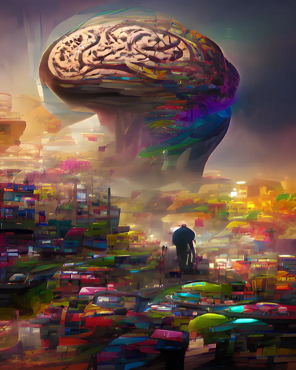 An AI-generated abstract digital artwork showing a human brain
