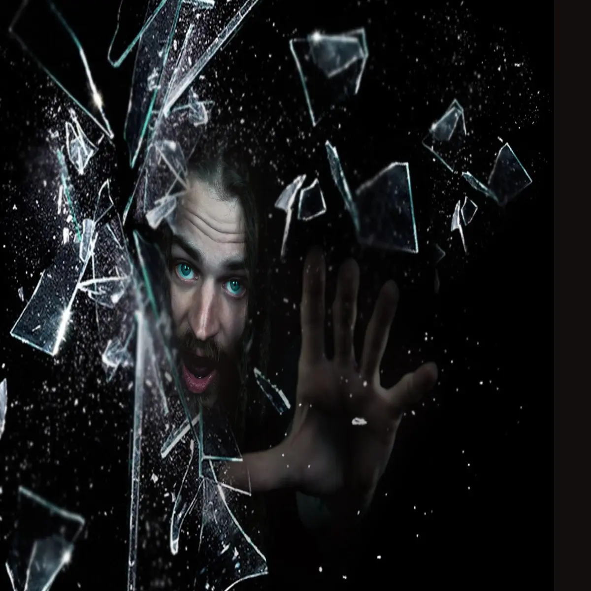 A scared person in front of shattering glass