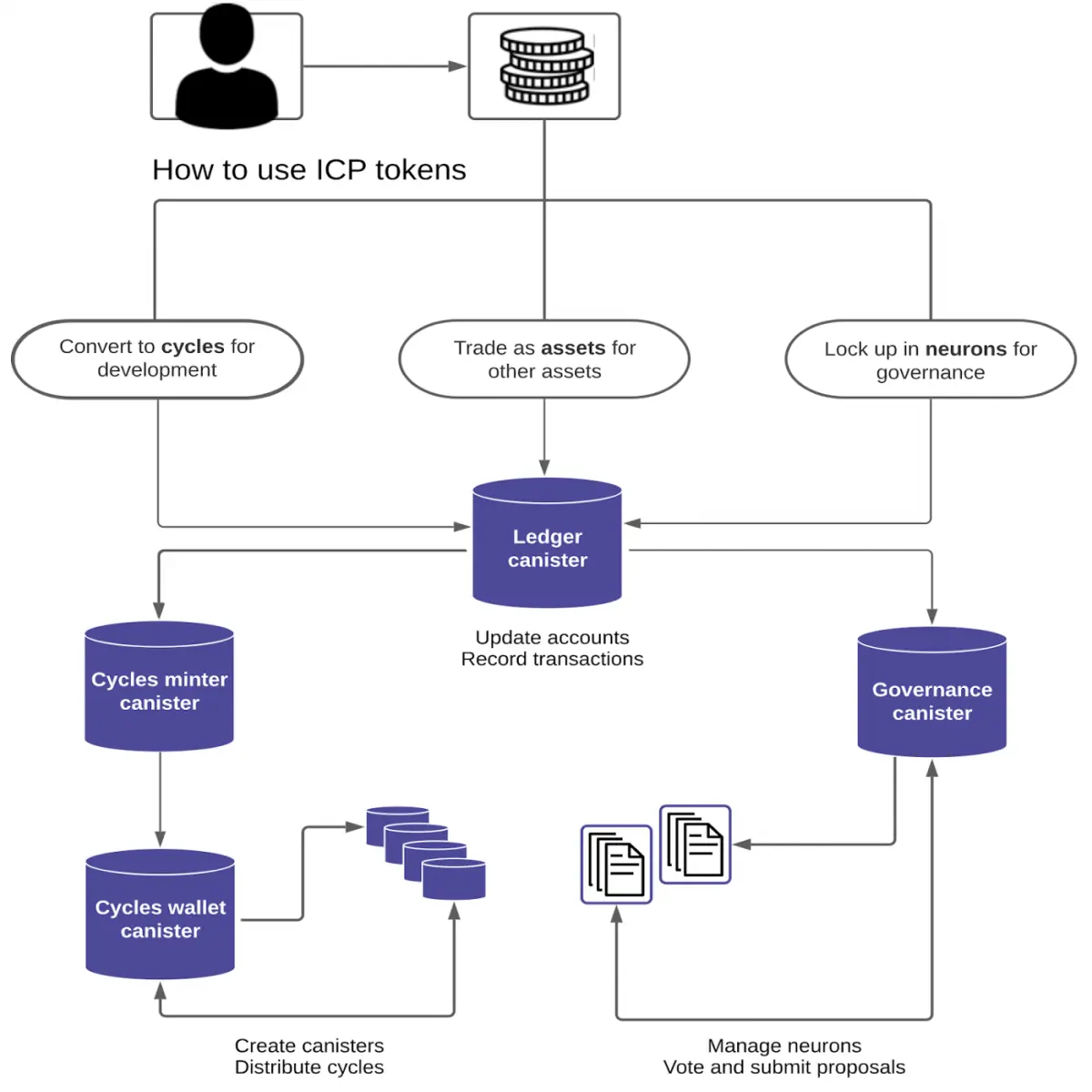 (This infographic displays visually the different ways developers, users, investors, and entrepreneurs can utilize ICP tokens, whether they're interested in staking, governance, trading, or converting to Cycles to be spent on computation.)