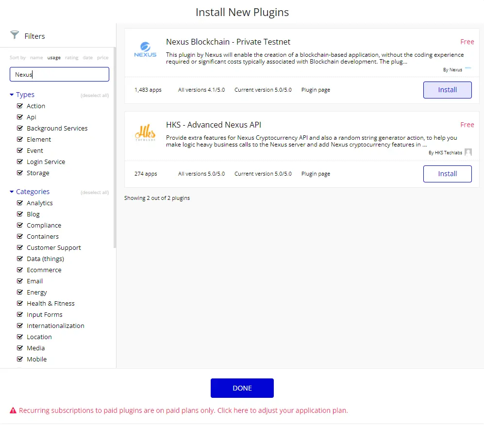 Choose the Nexus Blockchain plugin and install