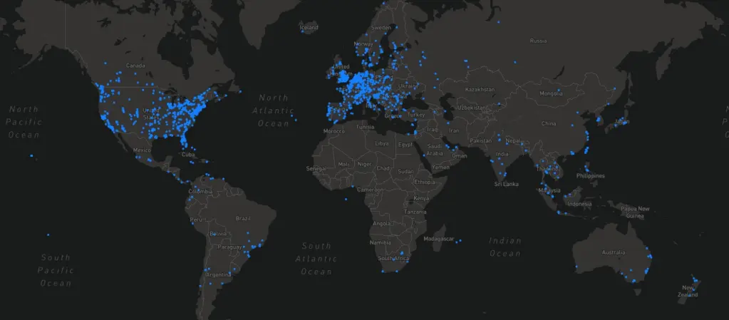 Map showing the nodes running in a certain region