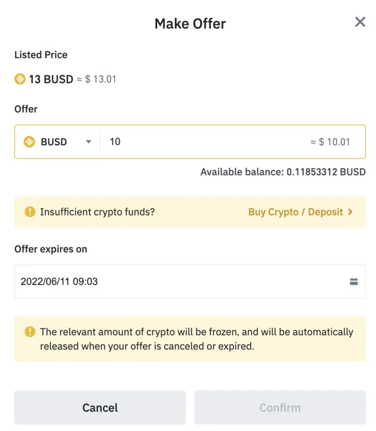 Binance NFT marketplace - make an offer