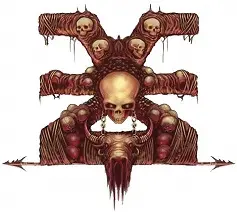 The symbol for Khorne, The Blood God, copyright Games Workshop