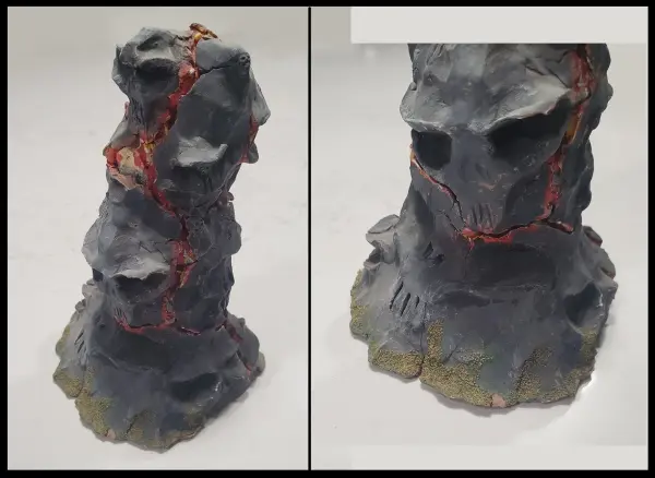 Two images of the rock column with skulls and lava