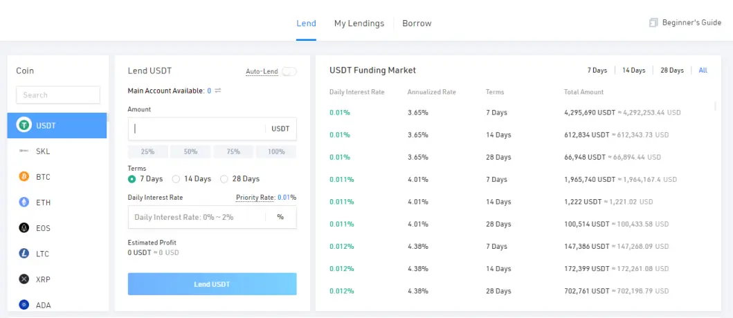 KuCoin Lending User Interface