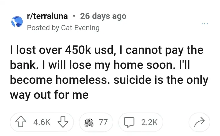 Post of users lamenting Terra Luna on Reddit