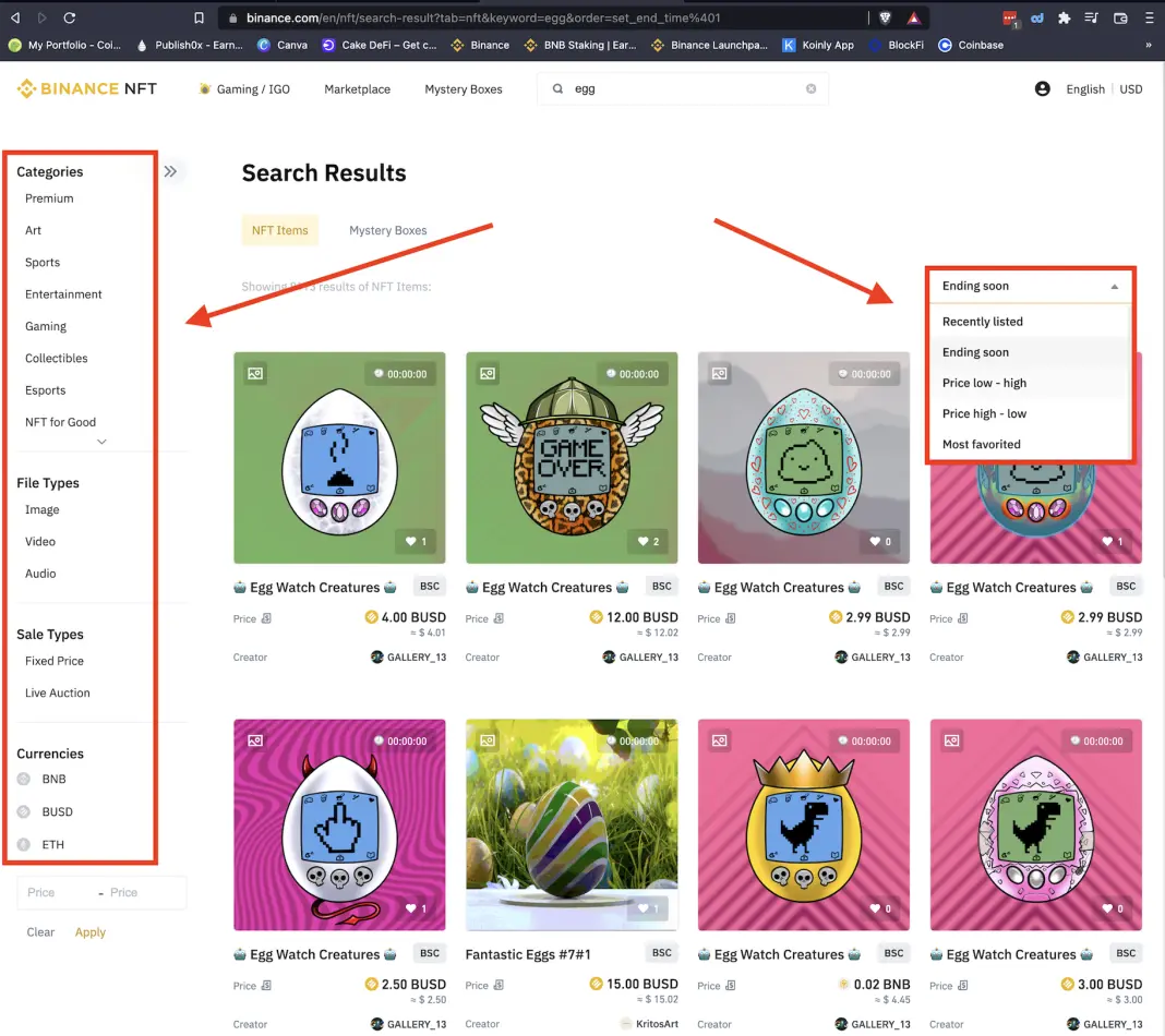 Improved Filters Binance NFT marketplace