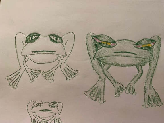 Cartoony frogs with opinions - colored pencils.