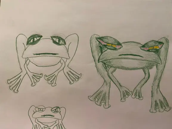 Cartoony frogs with opinions - colored pencils.