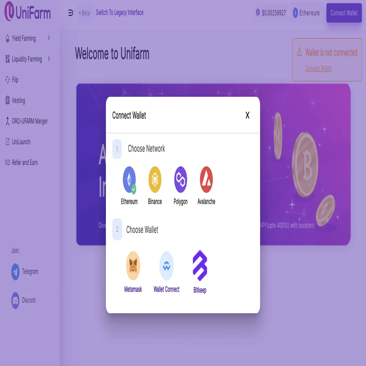 Connect Wallet and Select the Network.