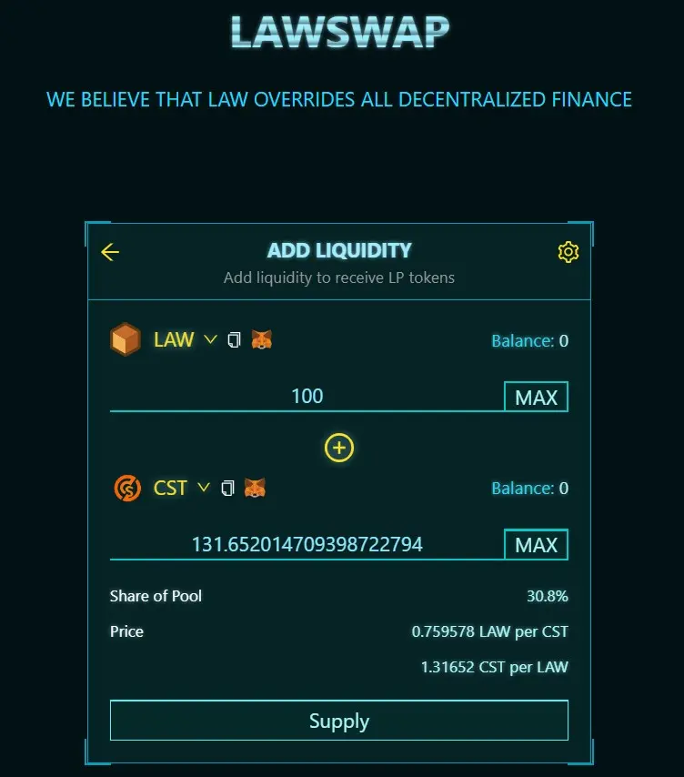Adding liquidity into the LAW-CST pool