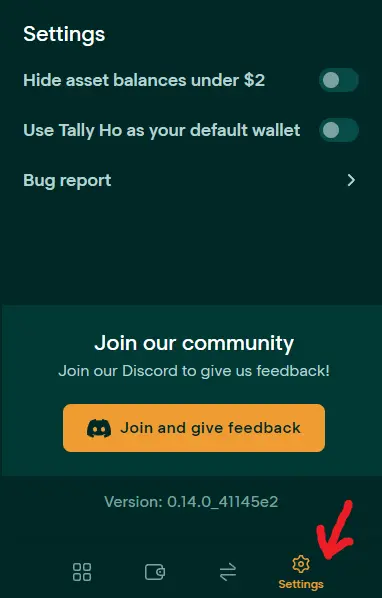 Tally Ho Wallet Settings