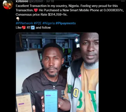 Two persons from Nigeria showing their new mobile phone purchased with Pi