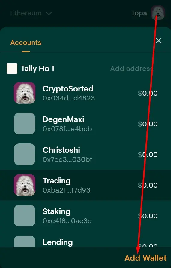 Add New Wallet Account to Tally Ho