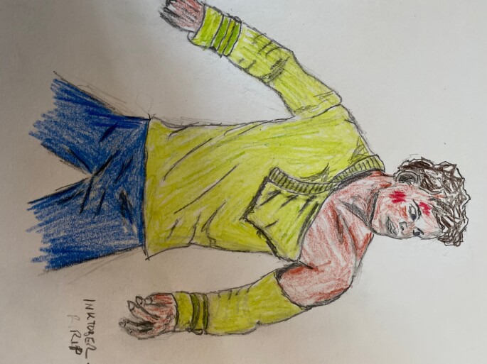 Sketch of Captain Kirk in torn shirt from 2020 - colored pencil