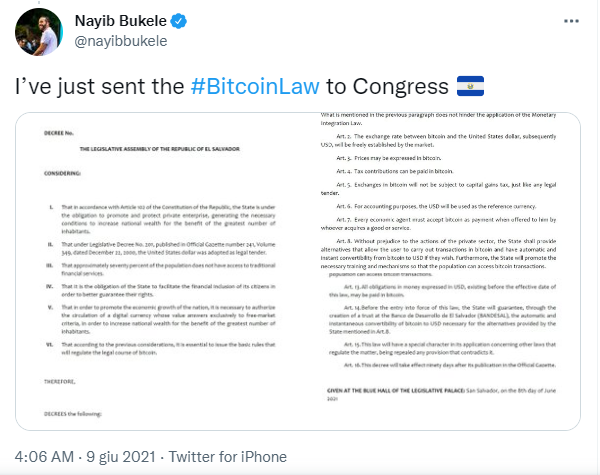 The tweet about the Bitcoin Law to Congress