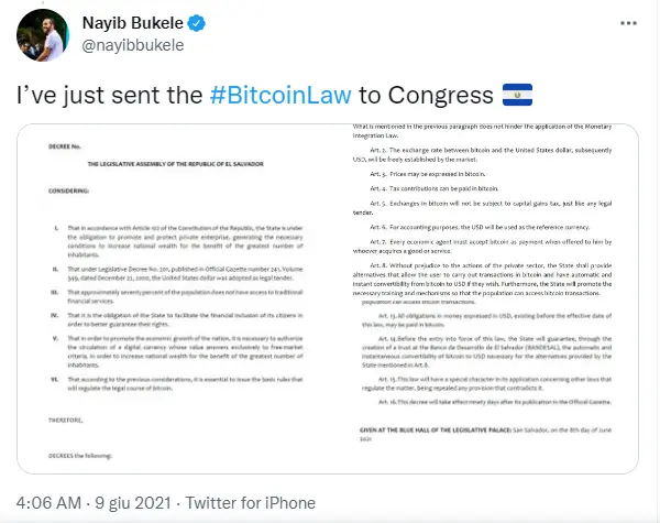 The tweet about the Bitcoin Law to Congress