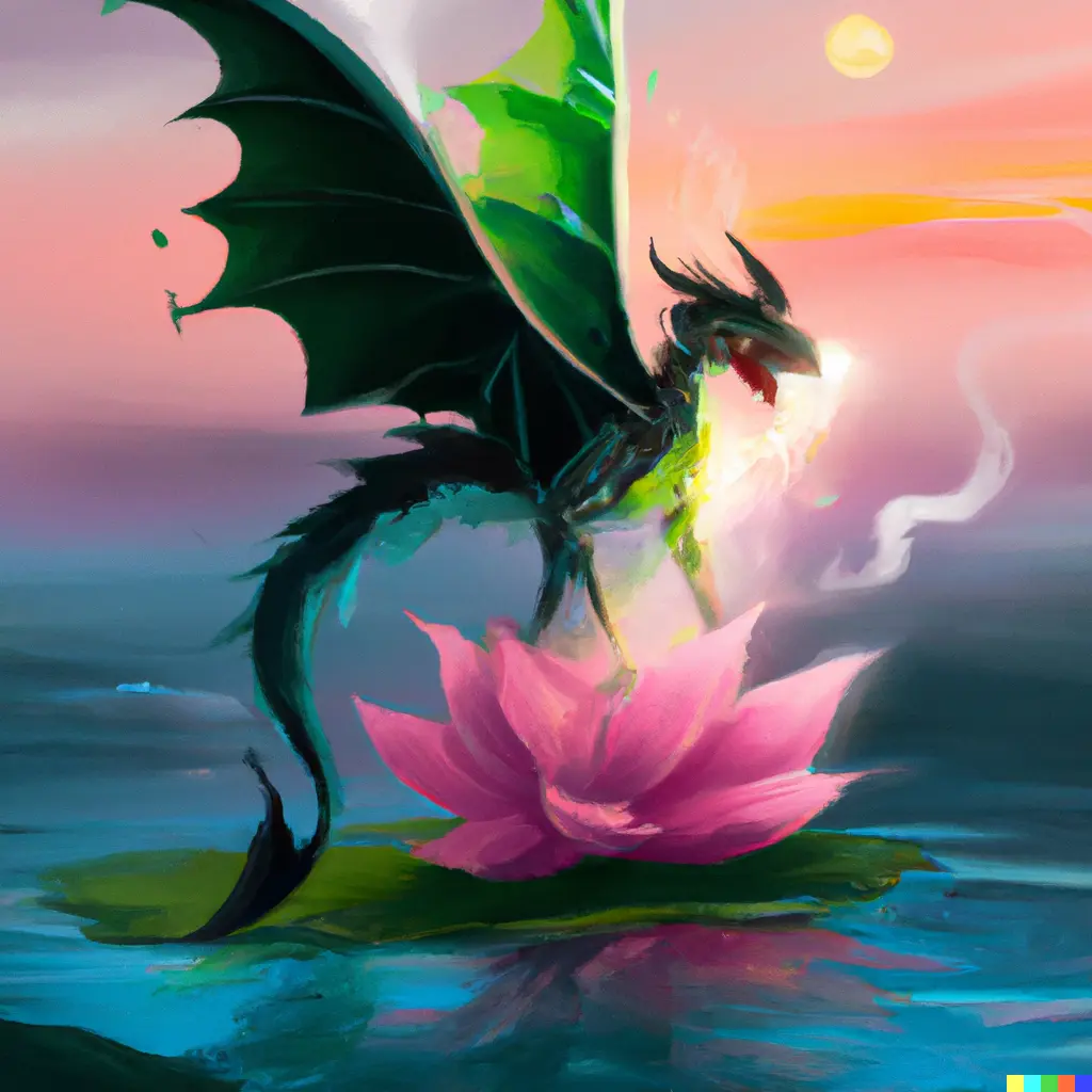 an AI generated dragon on a lotus flower by morning