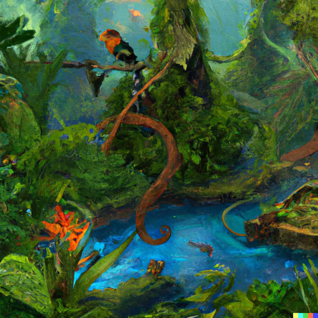 an ai generated artwork of a jungle rainforest with a river, birds, snakes and eels