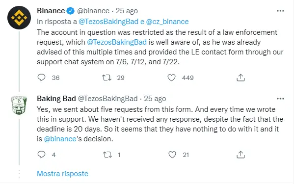 The tweets of Binance and Baking Bad