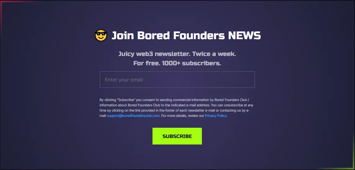 bored founders news subscription form screenshot