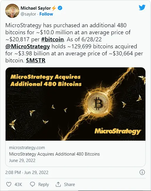 The tweet of Michael Saylor about the purchase of additional 480 BTCs