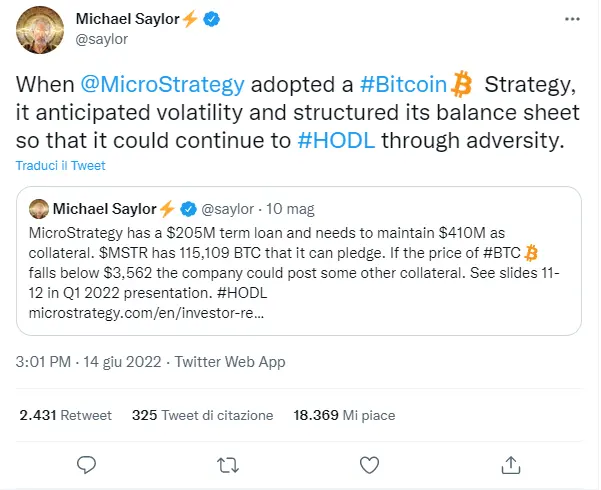 The tweet of Michael Saylor about Bitcoin strategy of MicroStrategy