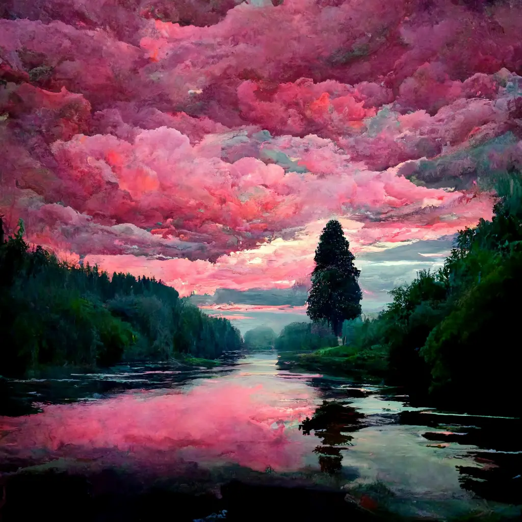 Prompt / a green forest with pink skies with reflection in lake 4k realistic quality