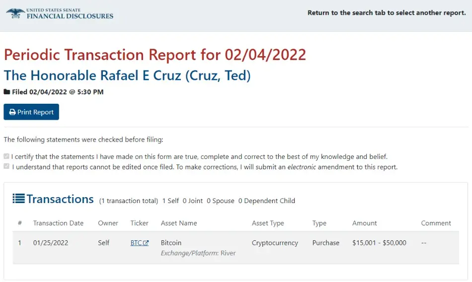 United States Senate Financial Disclosures
