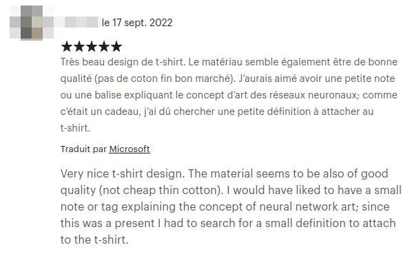 a five stars review about deepcrew's ETSY AI generated clothes shop