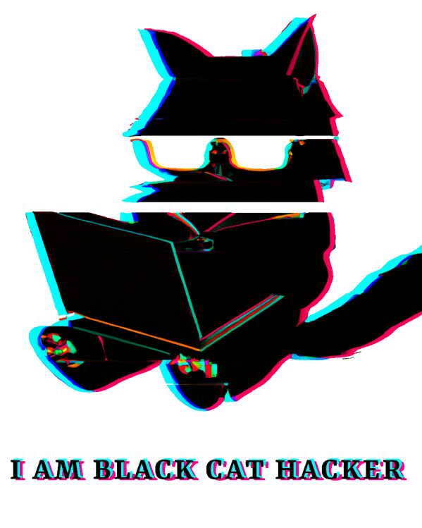 an AI generated glitched black cat with a laptop and the mention