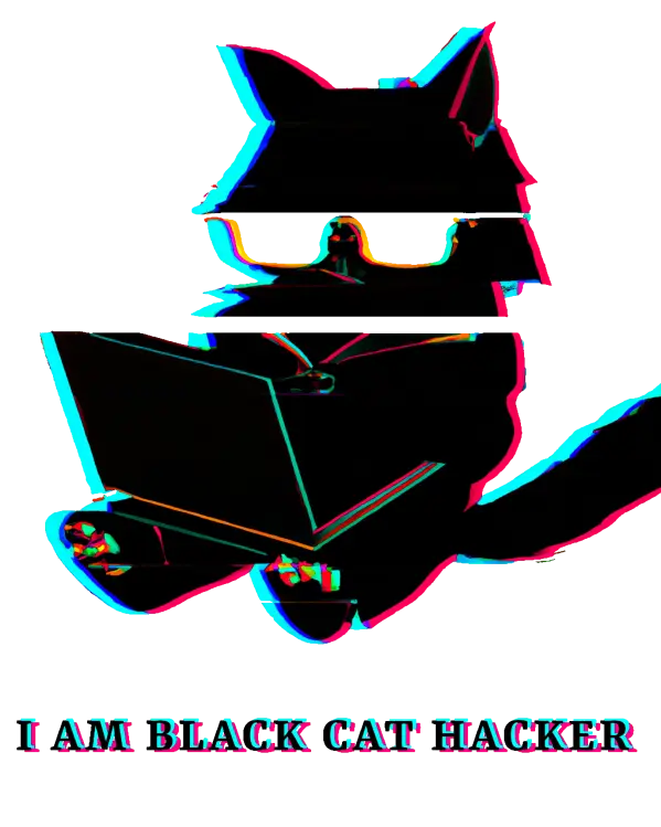 an AI generated glitched black cat with a laptop and the mention